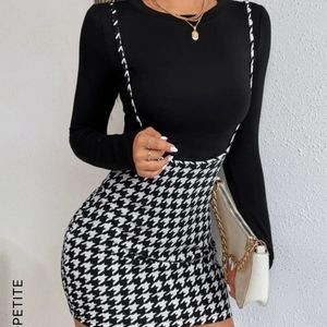 SHEIN - Houndstooth Suspender Skirt & Crop Top